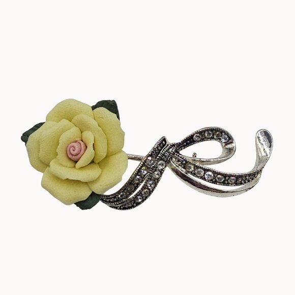 Avon Jewelry - Yellow Porcelain Rose Flower Brooch Pin Signed Avon Garden Delicate Feminine 80s